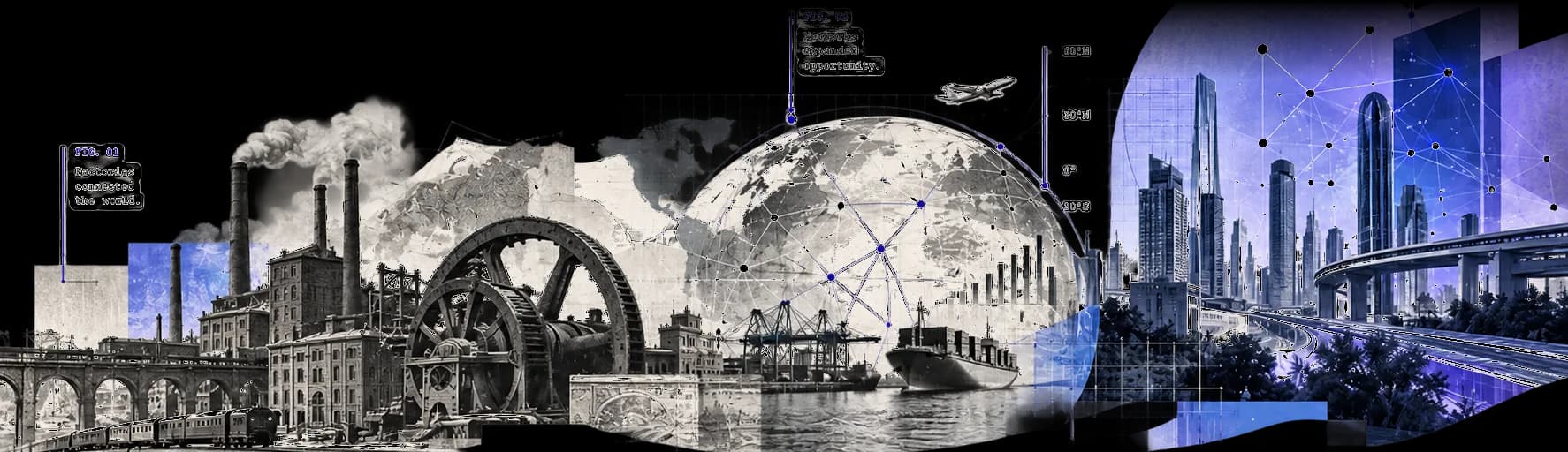 Collage: industrial factories, a networked globe with shipping, and an AI-era city skyline